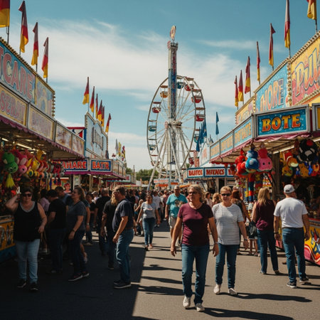 Dynamic Dutch angle wide shot of a bustling community carnival midway under harsh sunlight.の素材