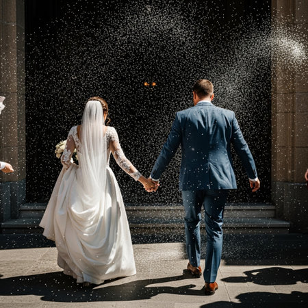 Newlyweds walk away under a shower of confetti in harsh, cinematic light, captured with a dynamic Duの素材