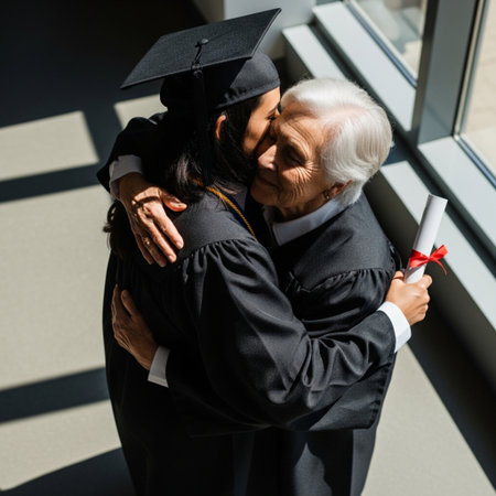 High angle cinematic view of a graduate hugging their proud grandparent after the commencement ceremの素材