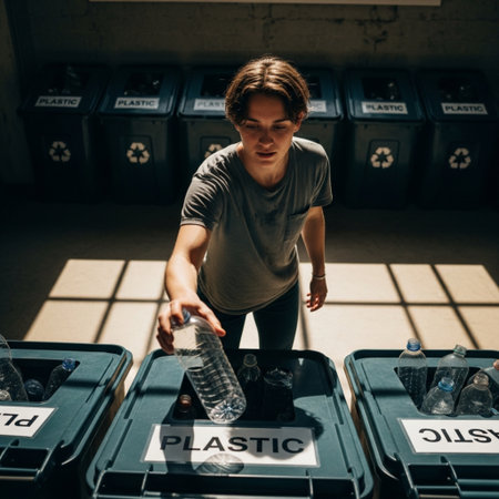 A heroic low angle shot of a person intensely sorting recycling materials under harsh sunlight.の素材