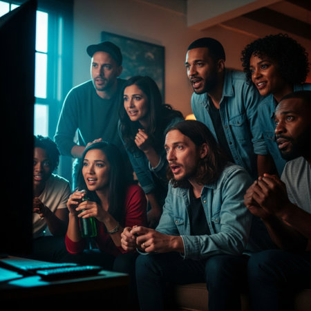 Friends react with intense focus while watching a crucial basketball game on TV, captured with harshの素材
