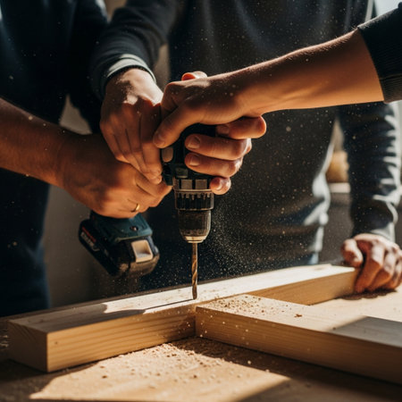 Extreme close-up: Parent guides teenager using a power drill on a woodworking project.の素材