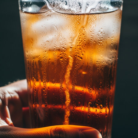 Cinematic close-up of condensation on a frosty iced tea glass under harsh sunlight and deep shadows.の素材