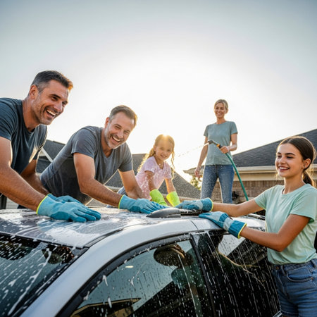 Low angle cinematic view of a diverse family washing their car thoroughly in the driveway on a sunnyの素材
