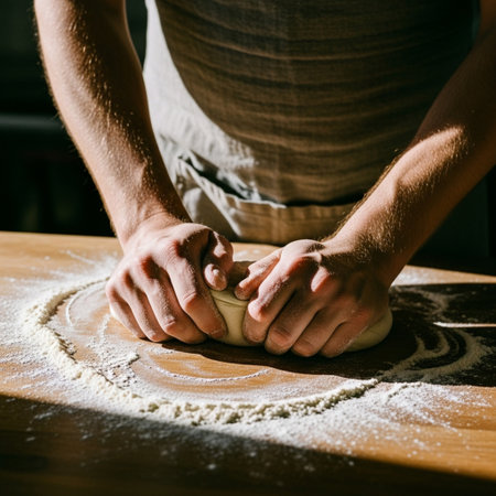 Cinematic over-the-shoulder shot of hands vigorously kneading elastic bread dough in harsh sunlight.の素材