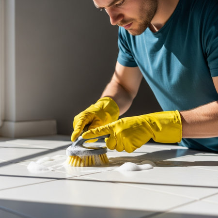 Happy person in yellow gloves intensely scrubs kitchen floor grout with professional cleaning suppliの素材