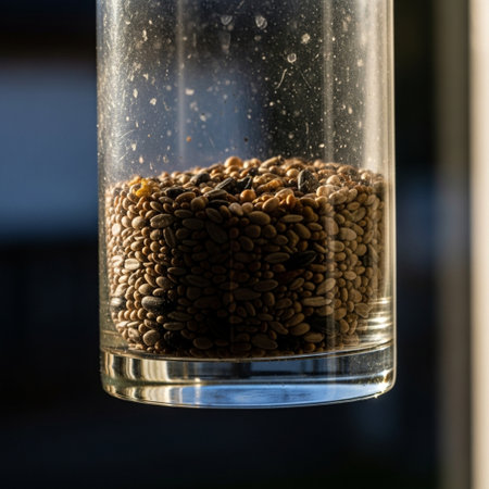 Cinematic side profile silhouette of a scratched glass bird feeder full of seeds, lit by harsh sunliの素材