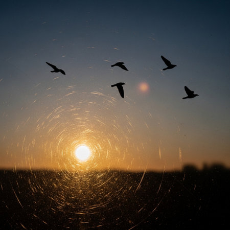 Macro extreme close-up of migrating bird silhouettes reflected on scratched, dusty glass at sunset.の素材