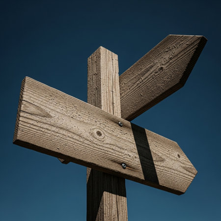 Weathered wooden signpost pointing opposing directions. Low angle, harsh sunlight, symbolizing choicの素材