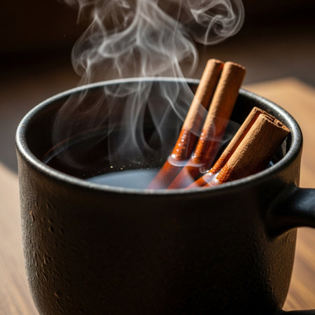 Extreme close-up of steaming spiced cider in a rustic mug with cinnamon sticks under harsh sunlight.の素材