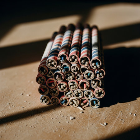 Unlit bundle of red, white, and blue striped firework tubes resting on a dusty surface under harsh sの素材