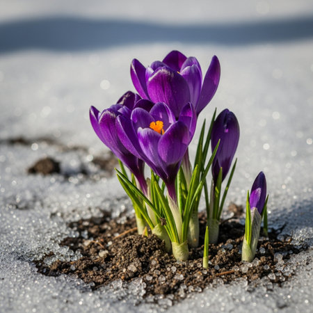 Extreme macro shot of vibrant purple crocuses emerging through melting, granular snow under harsh liの素材