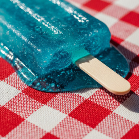 Extreme close-up macro of a melting blue popsicle dripping onto a dusty, checkered picnic blanket inの素材