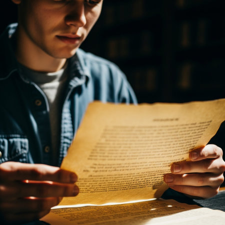 Extreme close-up of student reading historical text under harsh sunlight in a library.の素材