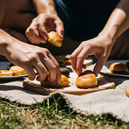 Macro detail of hands reaching for food on a picnic blanket under harsh dappled sunlight.の素材