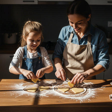 Mother and daughter covered in flour, baking heart cookies in dramatic harsh sunlight using a dynamiの素材