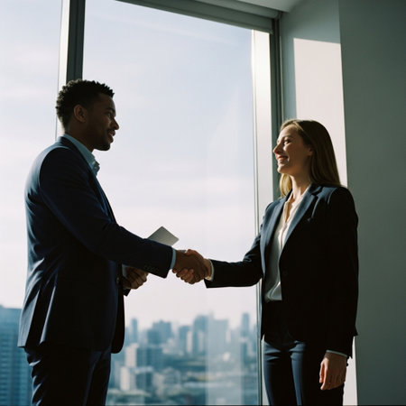 Professionals seal a deal with a warm, candid handshake in a dynamic, high-contrast office setting.の素材