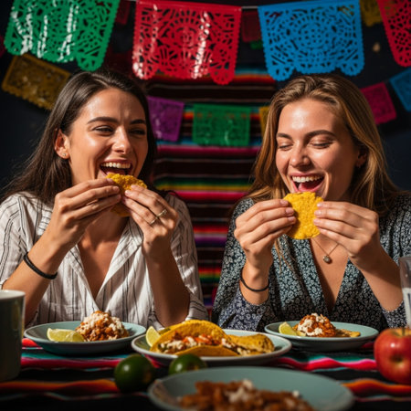 Candid, over-the-shoulder view of friends enjoying tacos and street corn at a vibrant Cinco de Mayoの素材