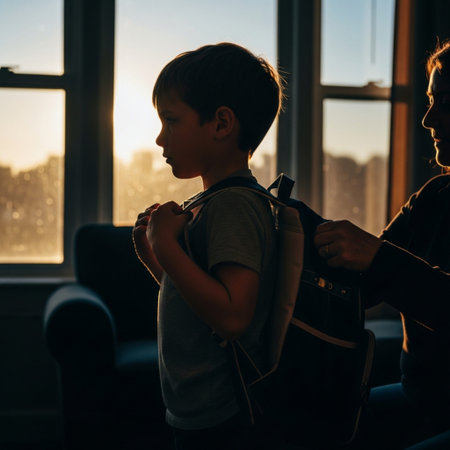 Silhouette of parent and child shopping for a new school backpack in harsh window light.の素材