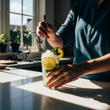 Person's hands preparing a refreshing iced drink with lemons, mint, and ice cubes in harsh sunlight.の素材