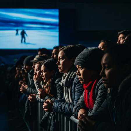 Crowd profile silhouette watches an exciting winter sports match on a large screen with harsh rim liの素材