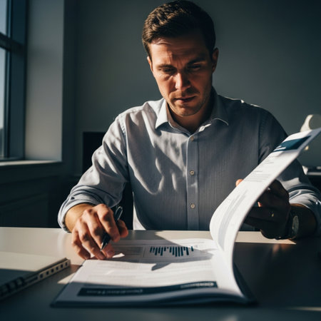 Determined professional reviews a long, detailed business to-do list under harsh cinematic lighting.の素材