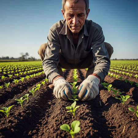 Weathered farmer inspecting newly planted green vegetable seedlings in rich, dark garden soil.の素材