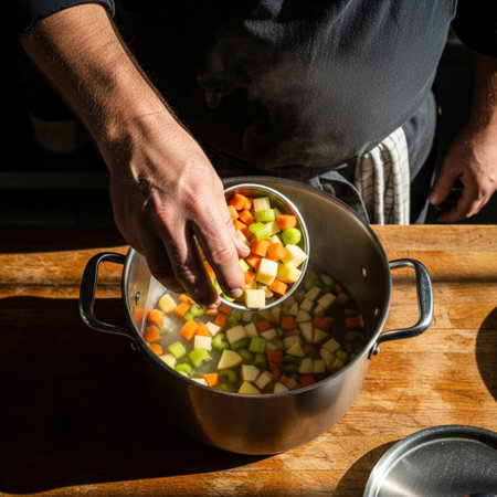 High-angle view of a chef's hand adding fresh vegetables to a steaming soup pot for a healthy meal pの素材