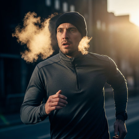 Athletic man running in freezing cold, massive visible breath clouding the air. Hyper-realism, over-の素材