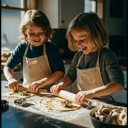 Candid Dutch angle photo of children rolling and cutting holiday cookie dough in harsh sunlight.の素材