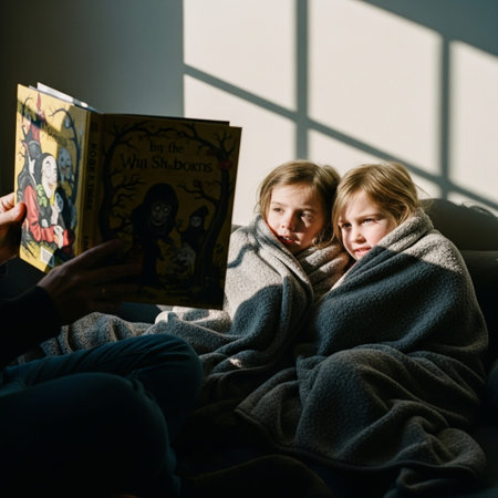 Cinematic wide shot of a parent reading a spooky storybook to children wrapped in blankets with harsの素材