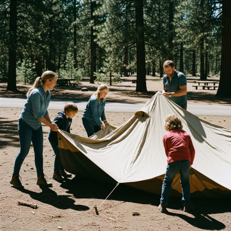 Candid wide shot of a family setting up a large canvas tent under harsh sunlight at a state park camの素材