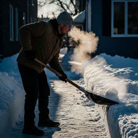 Person shoveling snow at dawn, frosty breath catches harsh rim light. Editorial photograph of physicの素材