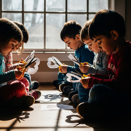 Children's side profile silhouette cutting paper hearts with safety scissors on the floor under harsの素材