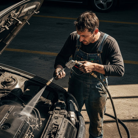 Mechanic cleaning a dusty car engine bay with a hose, illuminated by harsh sunlight and shadows.の素材
