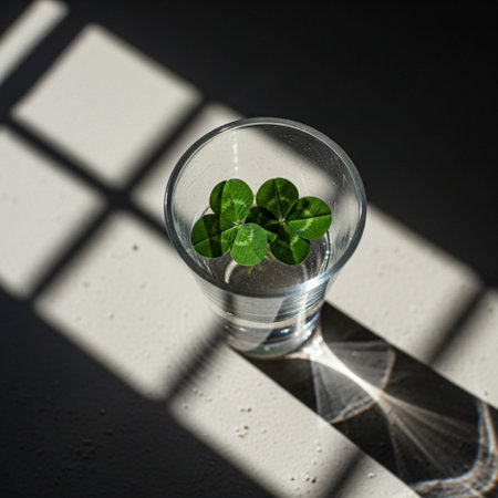 High angle view of three perfect four-leaf clovers in a dusty, sunlit glass bud vase.の素材