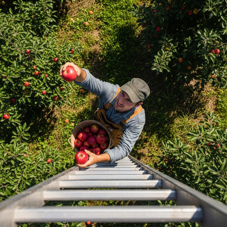 Top-down view of a person harvesting ripe red apples high up on a wooden ladder in a sun-drenched orの素材