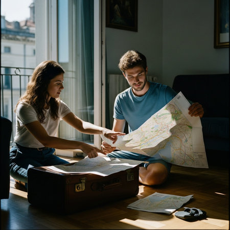 Couple checks a map while packing a suitcase for a dynamic summer road trip. Dutch angle, harsh sun.の素材