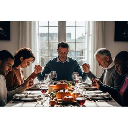 Diverse family holding hands in gratitude around a Thanksgiving table with harsh window light and shの素材