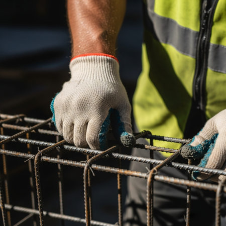 Extreme macro detail of a construction worker's hand preparing rebar for a new home foundation.の素材