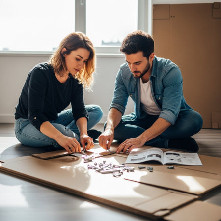 Young couple sitting on the floor and assembling jigsaw puzzle at homeの素材