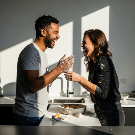 Side profile silhouette of a couple laughing while making a messy dish in a modern kitchen, harsh suの素材