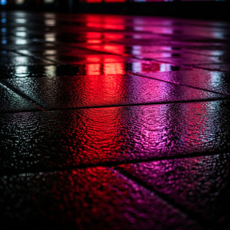 Extreme macro detail of V-Day neon light reflections (red, pink) on wet, gritty city pavement at nigの素材