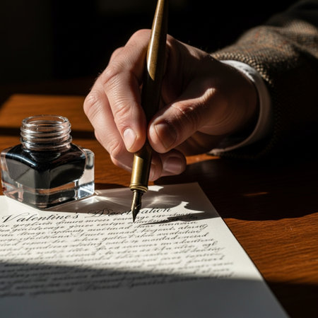 Wide angle shot of a hand dipping a calligraphy pen into an inkwell to sign a formal Valentine's lovの素材