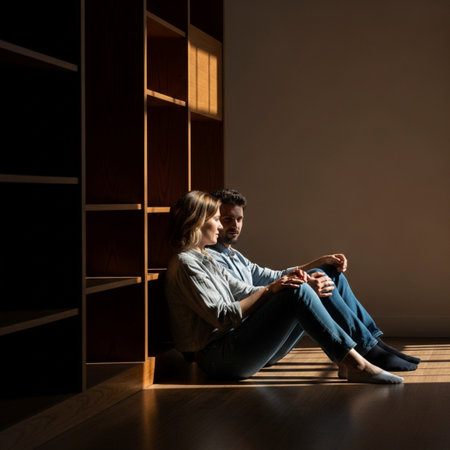 Candid side profile silhouette of a couple having an intimate conversation, leaning against a largeの素材