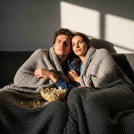 Couple snuggled under a thick blanket, watching a movie with scattered popcorn, captured in harsh suの素材