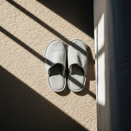 Worn textile slippers neatly placed side-by-side beside a carpeted bed under harsh morning sunlight.の素材