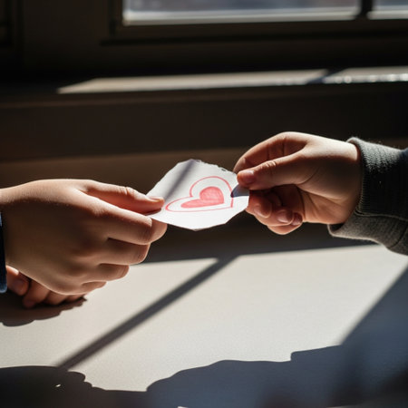 Extreme close-up of children's hands exchanging handmade Valentine's Day cards in bright classroom sの素材