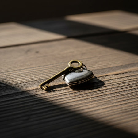 Detailed cinematic close-up of a small brass key and a heart locket on a rustic wooden table with haの素材