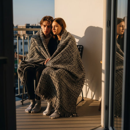 Couple sharing a warm woolen blanket on a balcony, watching the harsh golden hour sunrise in a Dutchの素材